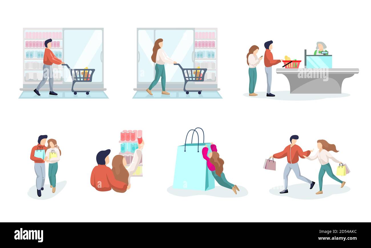 Young couple shopping in supermarket. Male and female buying products in grocery store. Man and woman shop customers purchase and consumption goods set. Cartoon mall consumers vector eps illustration Stock Vector