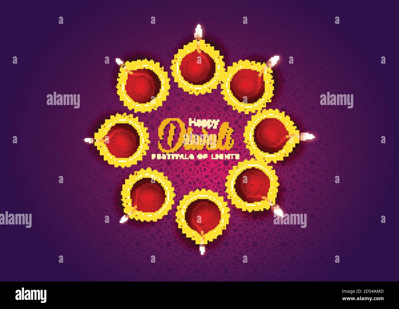 Happy Diwali celebration background. Top view of banner design decorated with illuminated oil lamps on patterned darkbackground. vector illustration Stock Vector