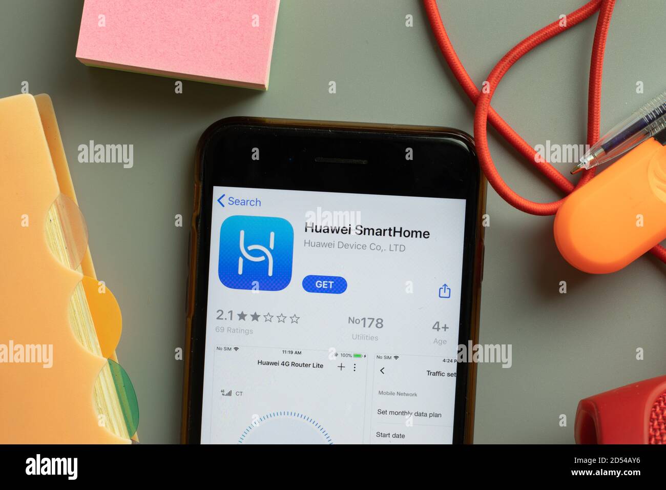 New York, USA - 28 September 2020: Huawei SmartHome mobile app logo on phone screen close up, Illustrative Editorial Stock Photo