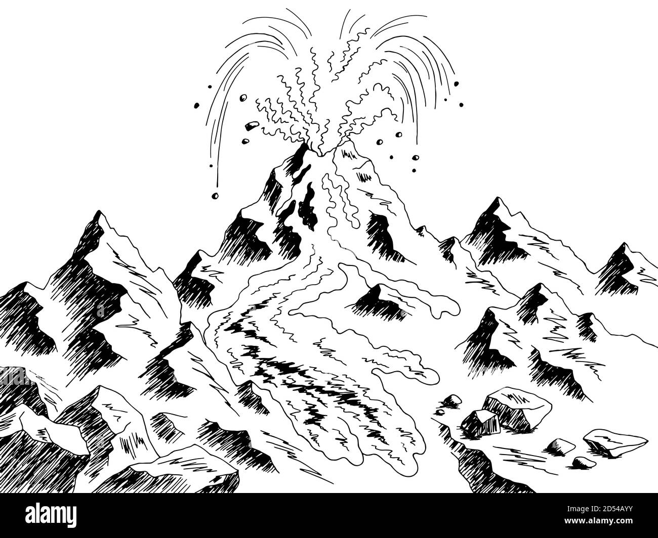Volcano eruption mountain graphic black white sketch landscape illustration vector Stock Vector