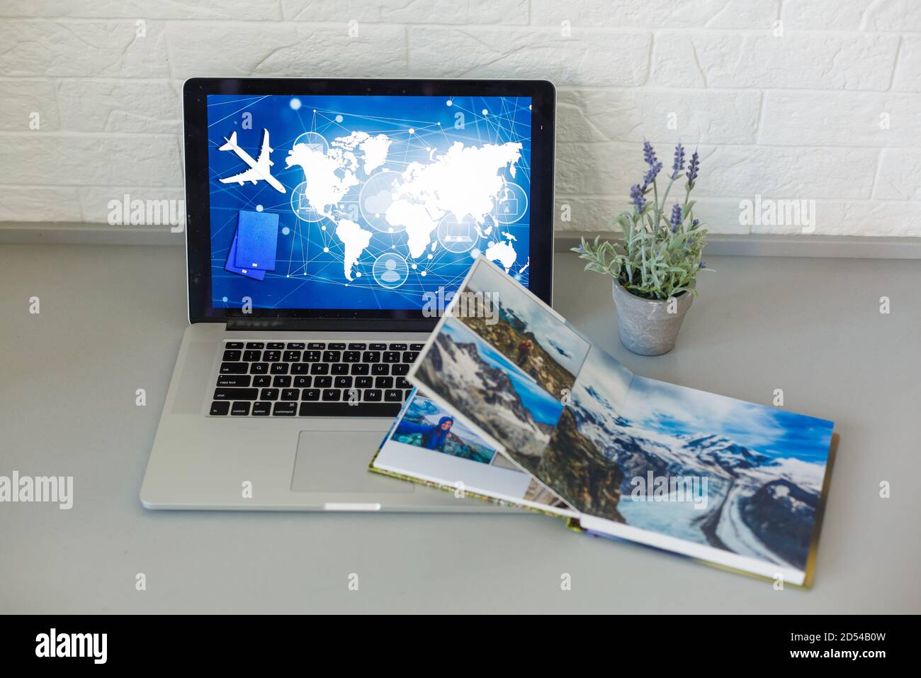 Work and Travel Concept. Laptop Computer on the Motorhome Table