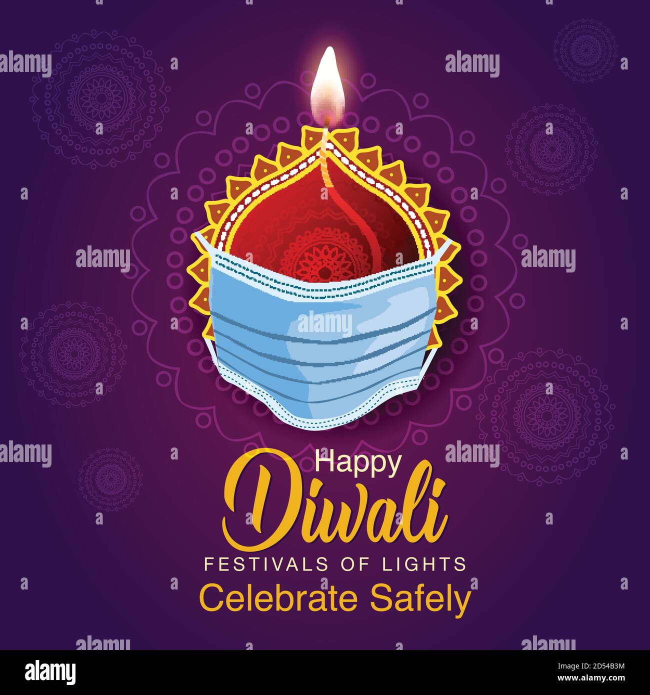 Happy Diwali celebration background. Top view of banner design decorated with illuminated oil lamps on patterned yellow dark background. vector illust Stock Vector