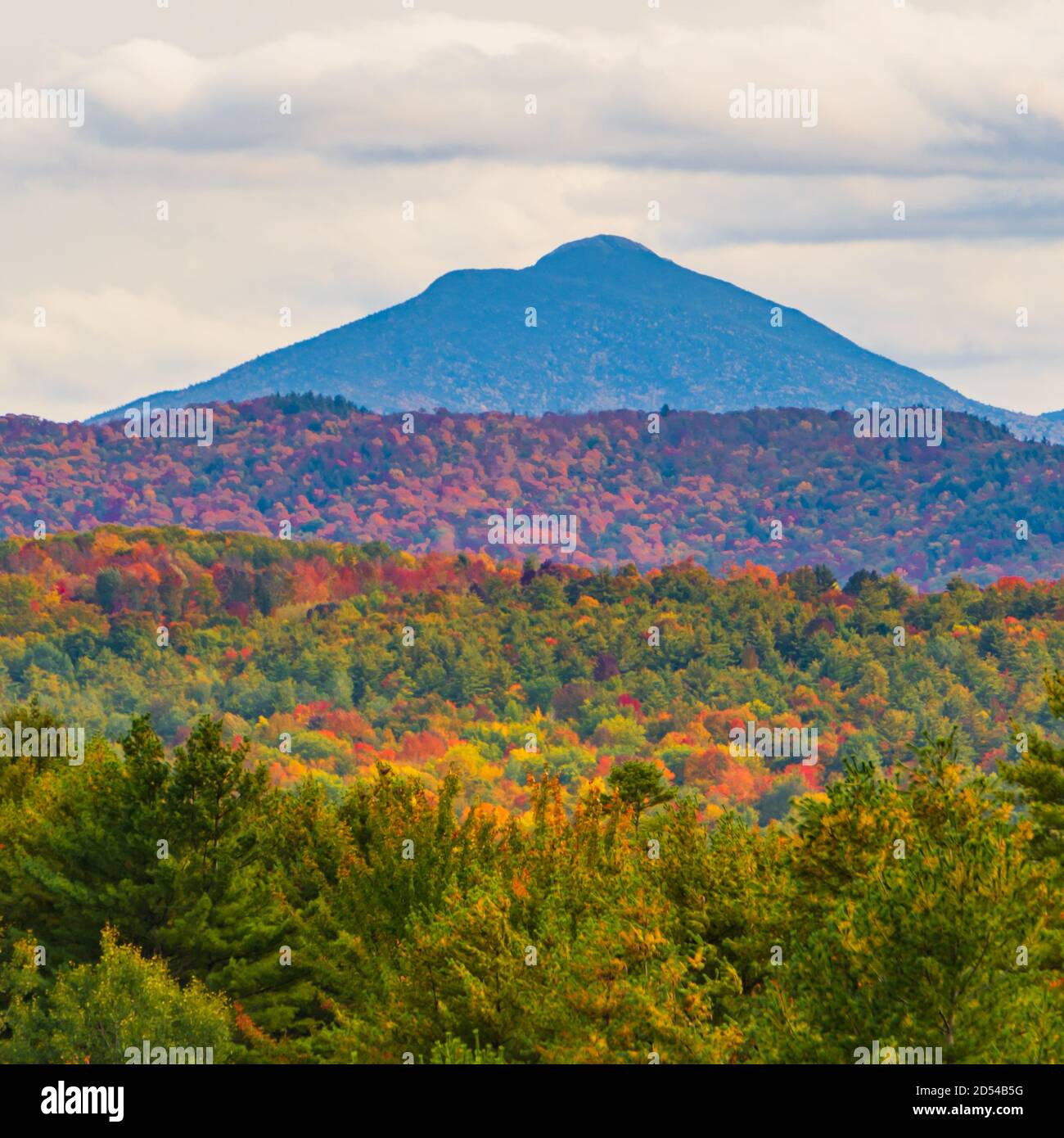 view of Camels Hump Mountain in fall foliage season, in Vermont Stock