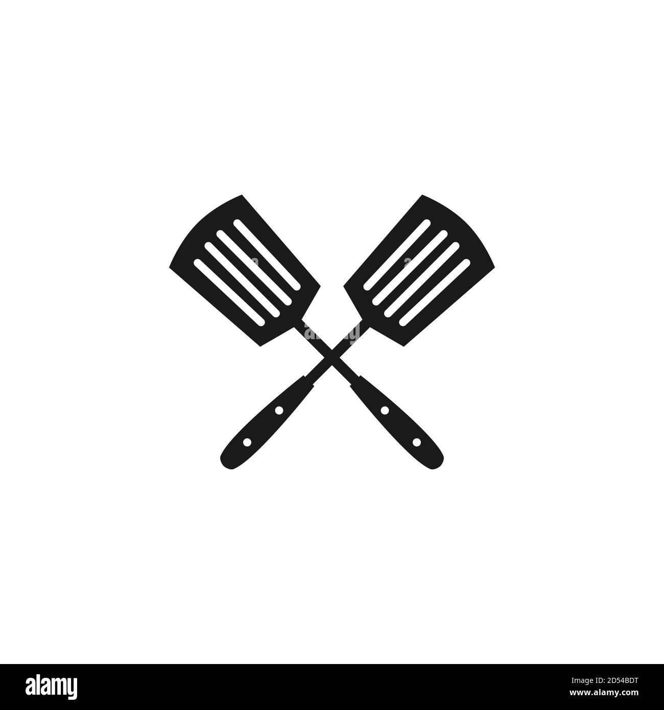 Black crossed spatulas icon. BBQ and grill tools. Barbeque cutlery. Kitchen utensil. Party, cuisine, cookery sign. Vector illustration isolated on whi Stock Vector