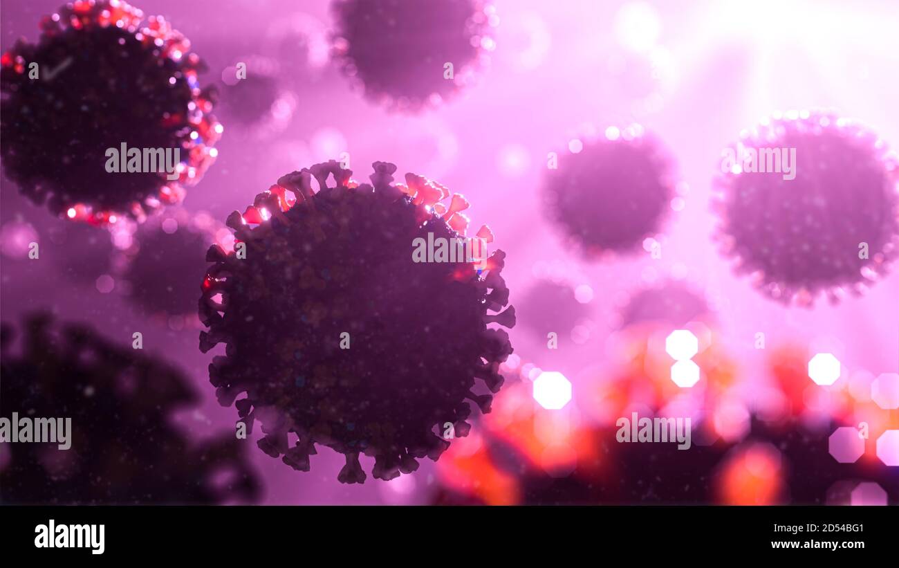 Closeup COVID-19 Coronavirus Molecules in Ultraviolet UV Light Rays - Potential Cure and Treatment for Killing and Destruction of Influenza Virus Stock Photo