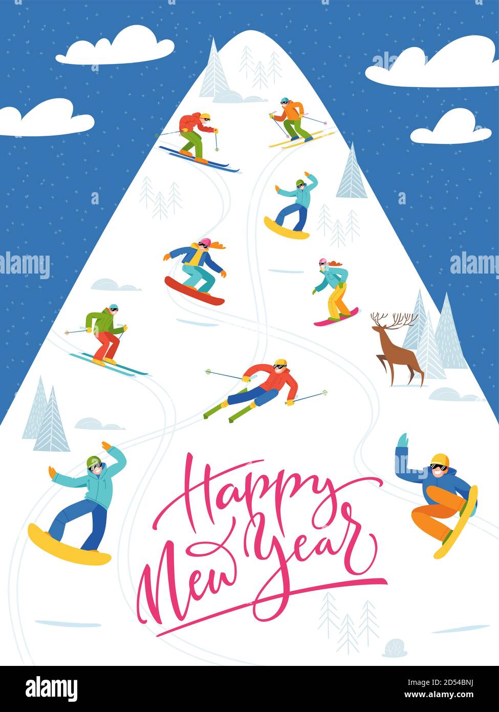 Holiday ski resort poster with people doing winter sports. Stock Vector