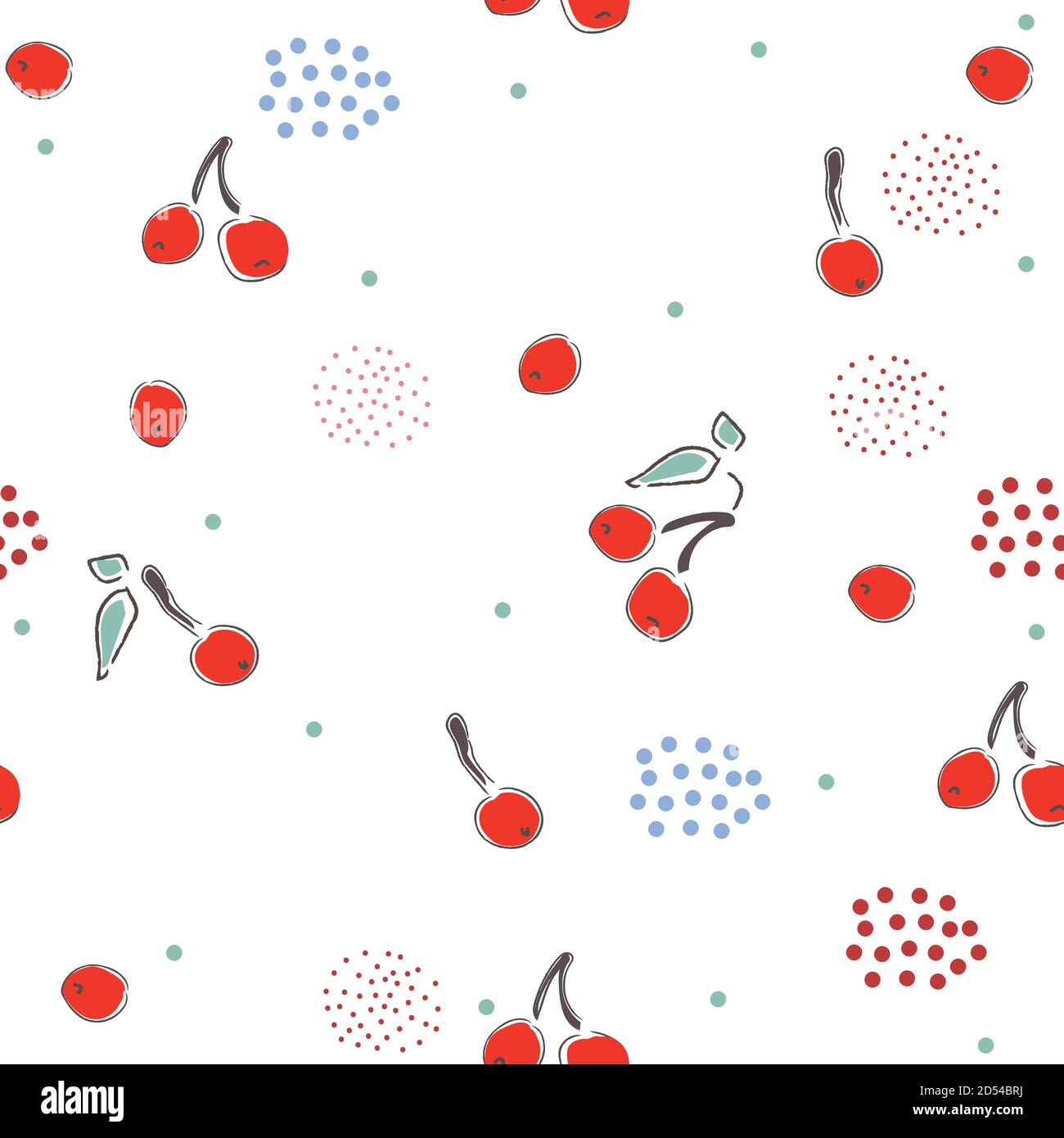 Cute Seamless Pattern cherries background. hand Drawn Delicate Design Stock Vector