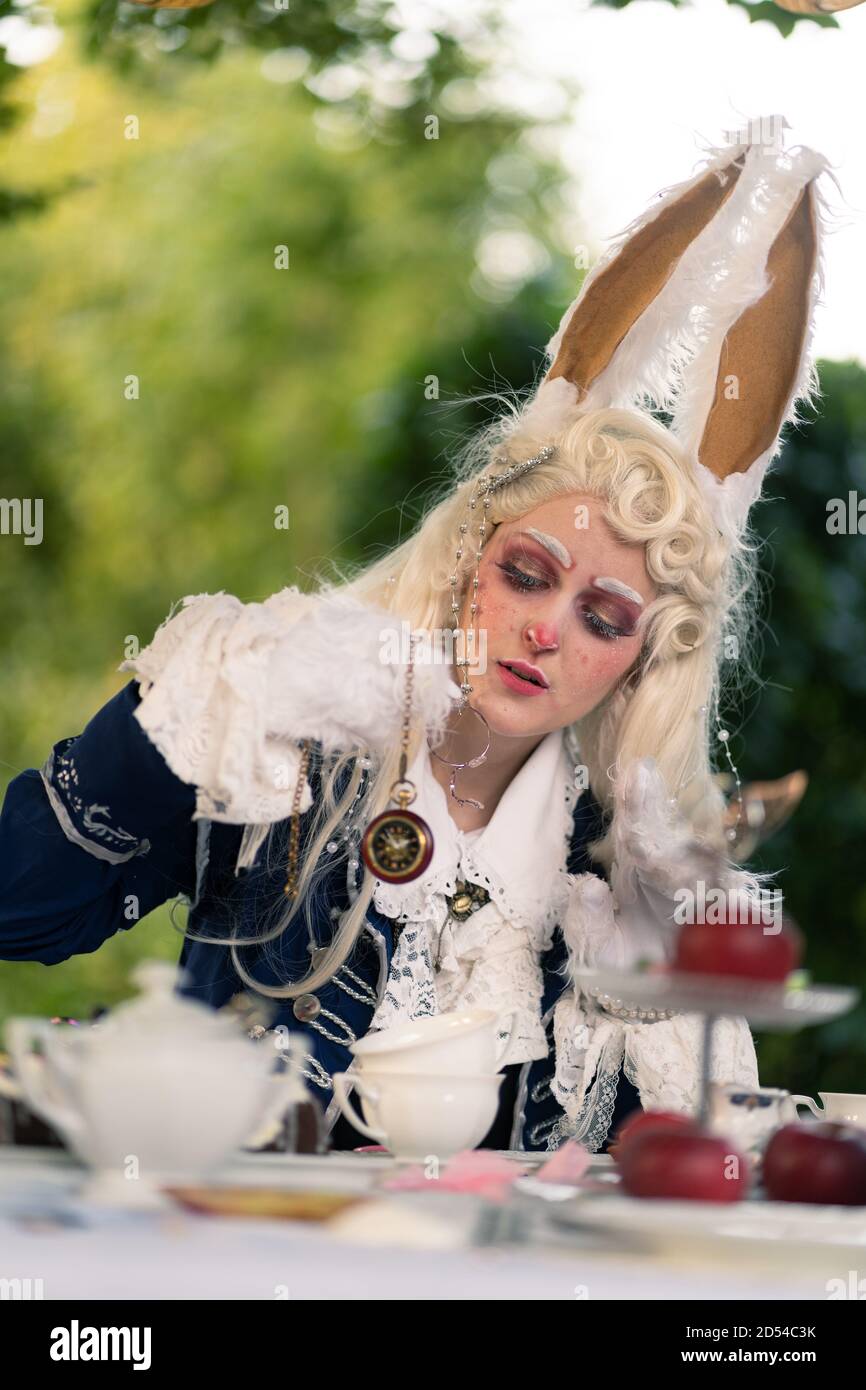 MUNICH, GERMANY - Sep 12, 2020: Cosplay of the white rabbit from