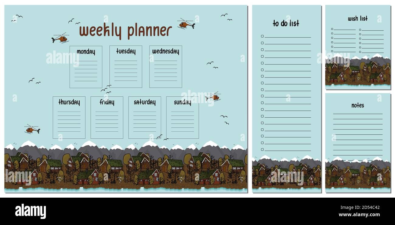 Weekly planner, To do list, Notes, Wish list with wooden houses, mountains and snow helicopters and trees in autumn Stock Vector