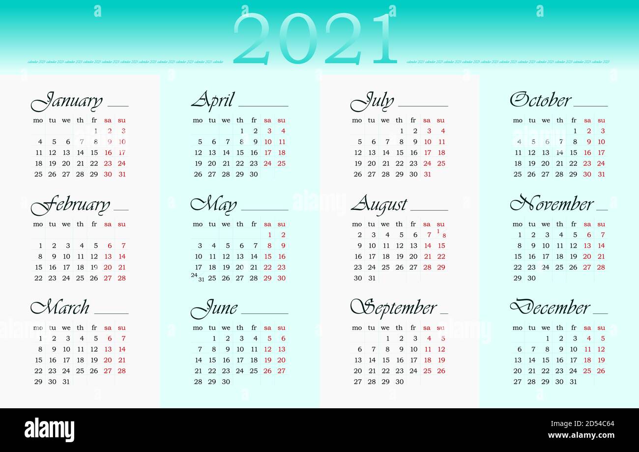 2021 Calendar In English 12 Months Sundays And Saturdays Are