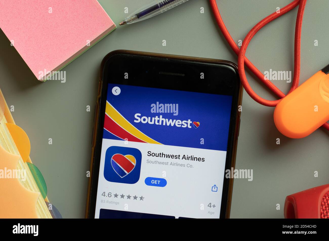 New York, USA - 27 September 2020: Southwest Airlines mobile app logo on phone screen close up, Illustrative Editorial Stock Photo
