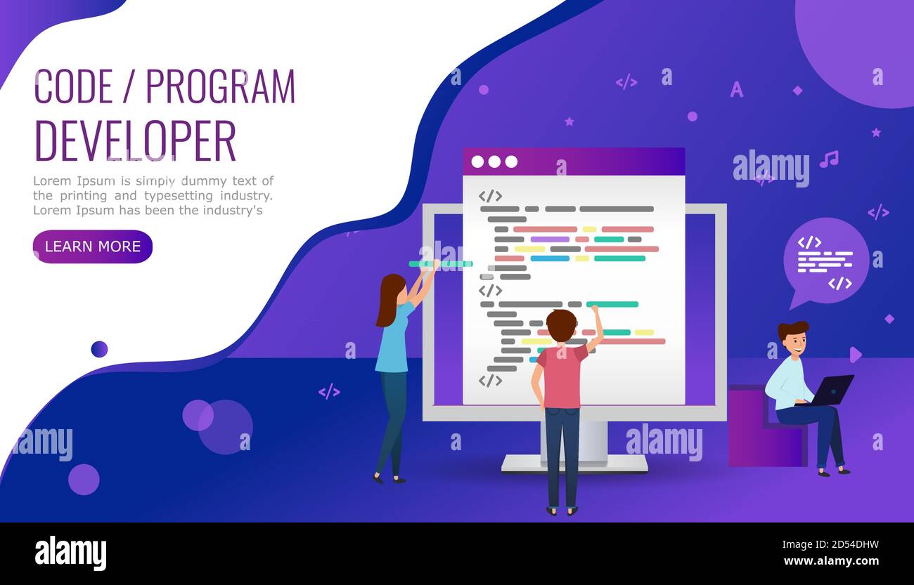 Concept for web page, banner, social media. The team writes code ...