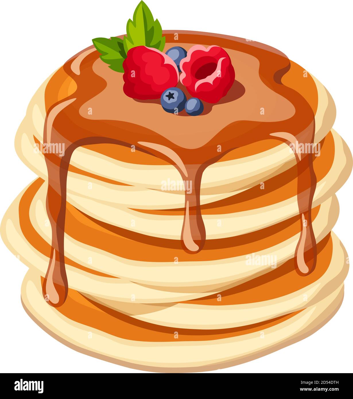 Vector illustration of pancakes with syrup and berries isolated on a white background. Stock Vector