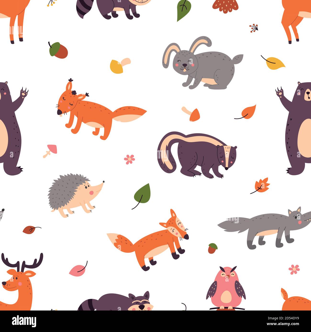 Set of cute forest animals on a white isolated background. Pattern. Stock Vector