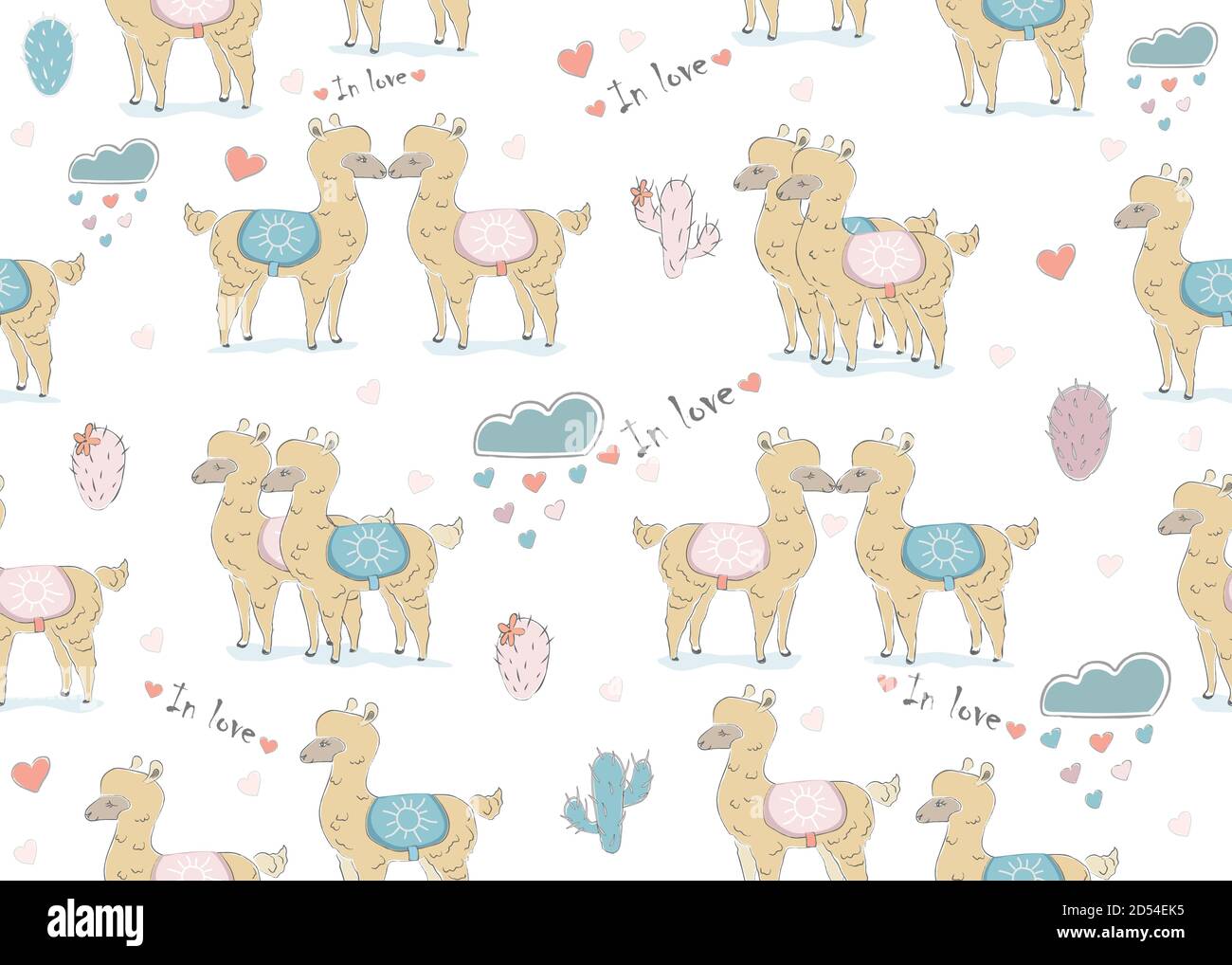 Seamless Pattern with cute alpacas on dark background with cacti ...