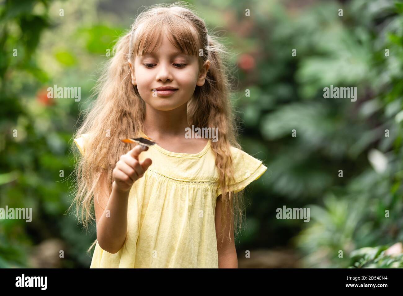 cute little girl holding living beautiful butterfly on her hand Stock Photo