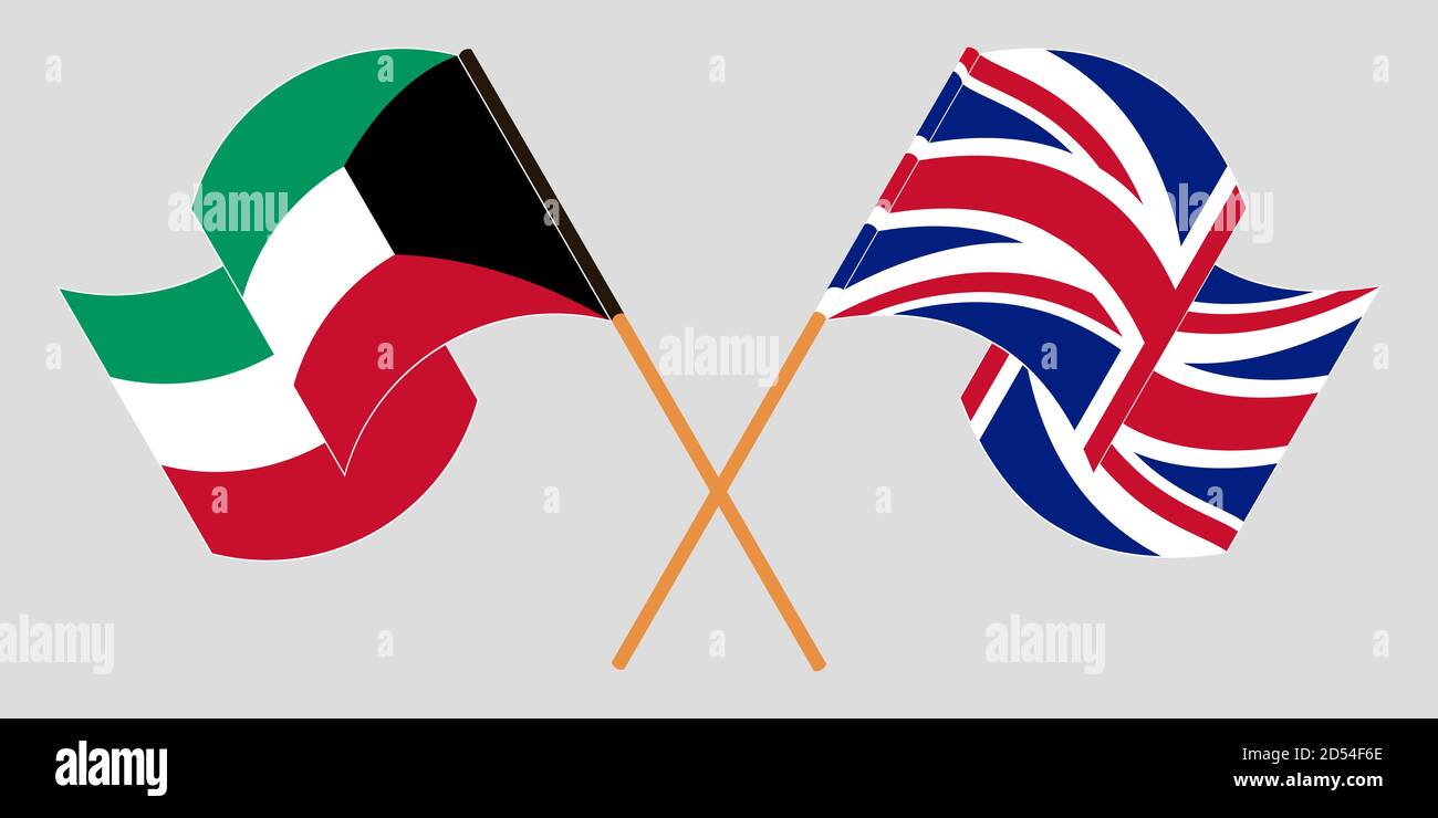 Crossed and waving flags of Kuwait and the UK. Vector illustration