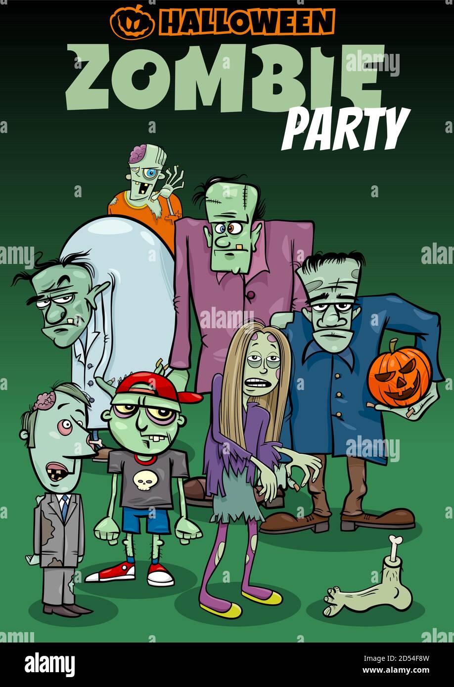 Cartoon Illustration of Halloween Holiday Zombie Party Poster or Invitation Design Stock Vector