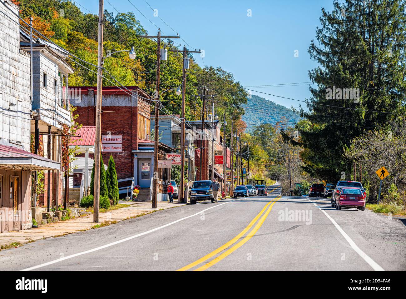 Durbin, USA - October 6, 2020: Town in West Virginia countryside and house buildings downtown main street highway road shops store in Bartow Frank are Stock Photo