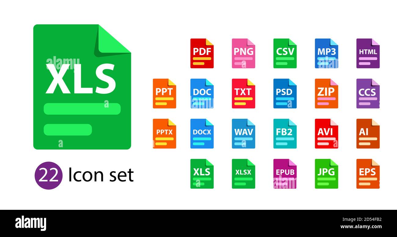 File type icons. Format and extension of documents. Set of pdf, doc, excel,  png, jpg, psd, gif, csv, xls, ppt, html, txt and others. Icons for download  on computer. Graphic templates for