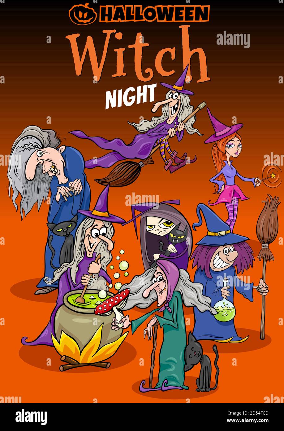 Cartoon Illustration of Halloween Holiday Witch Night Party Poster or Invitation Design Stock Vector