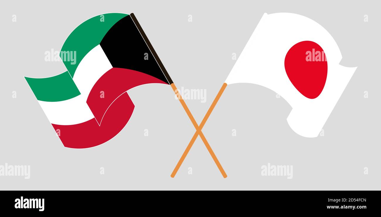 Crossed and waving flags of Kuwait and Japan. Vector illustration Stock Vector