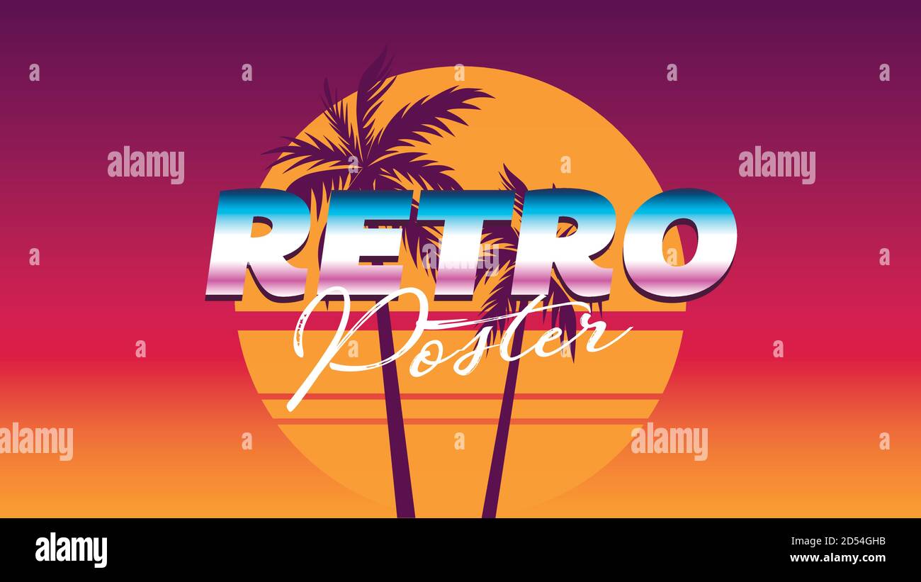 Retro Poster. Vintage Party Poster. Poster With Sun And Palms. 80s Background 1980s Style Retro 80s Fashion Summer Landscape Stock Vector