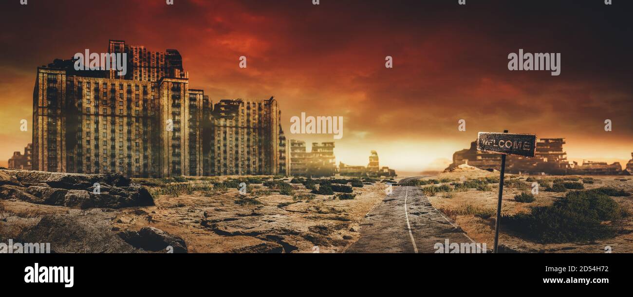 Evening post apocalyptic background image of desert city wasteland with abandoned and destroyed buidings, cracked road and sign. Stock Photo