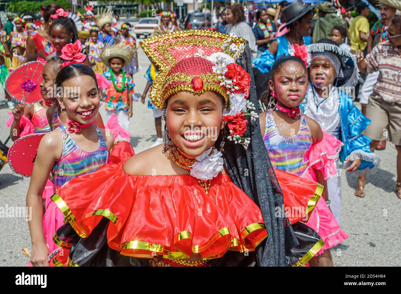 Florida Ft. Fort Lauderdale Caribbean Mardi Gras Junior Carnival,hand crafted handmade parade costumes costume outfit outfits,girl girls wear weating Stock Photo