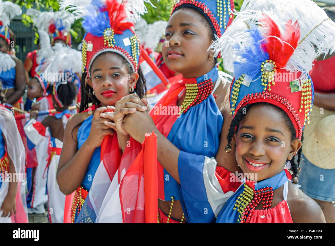 Florida Ft. Fort Lauderdale Caribbean Mardi Gras Junior Carnival,hand crafted handmade parade costumes costume outfit outfits,girl girls wear weating Stock Photo