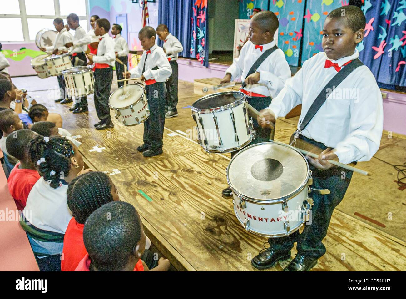 Miami Florida,Little Haiti Edison Park Elementary School,Red Ribbon Week anti drug program,assembly event drummers drum corp peforming performance,Bla Stock Photo