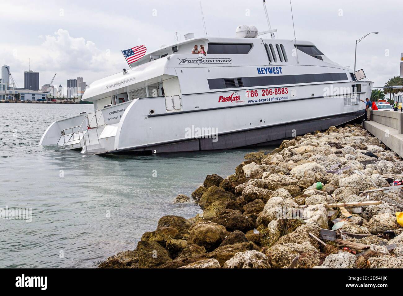 Miami Beach Florida,MacArthur Causeway Key West ferry boat,crashed into shoulder highway,failed steering accident, Stock Photo