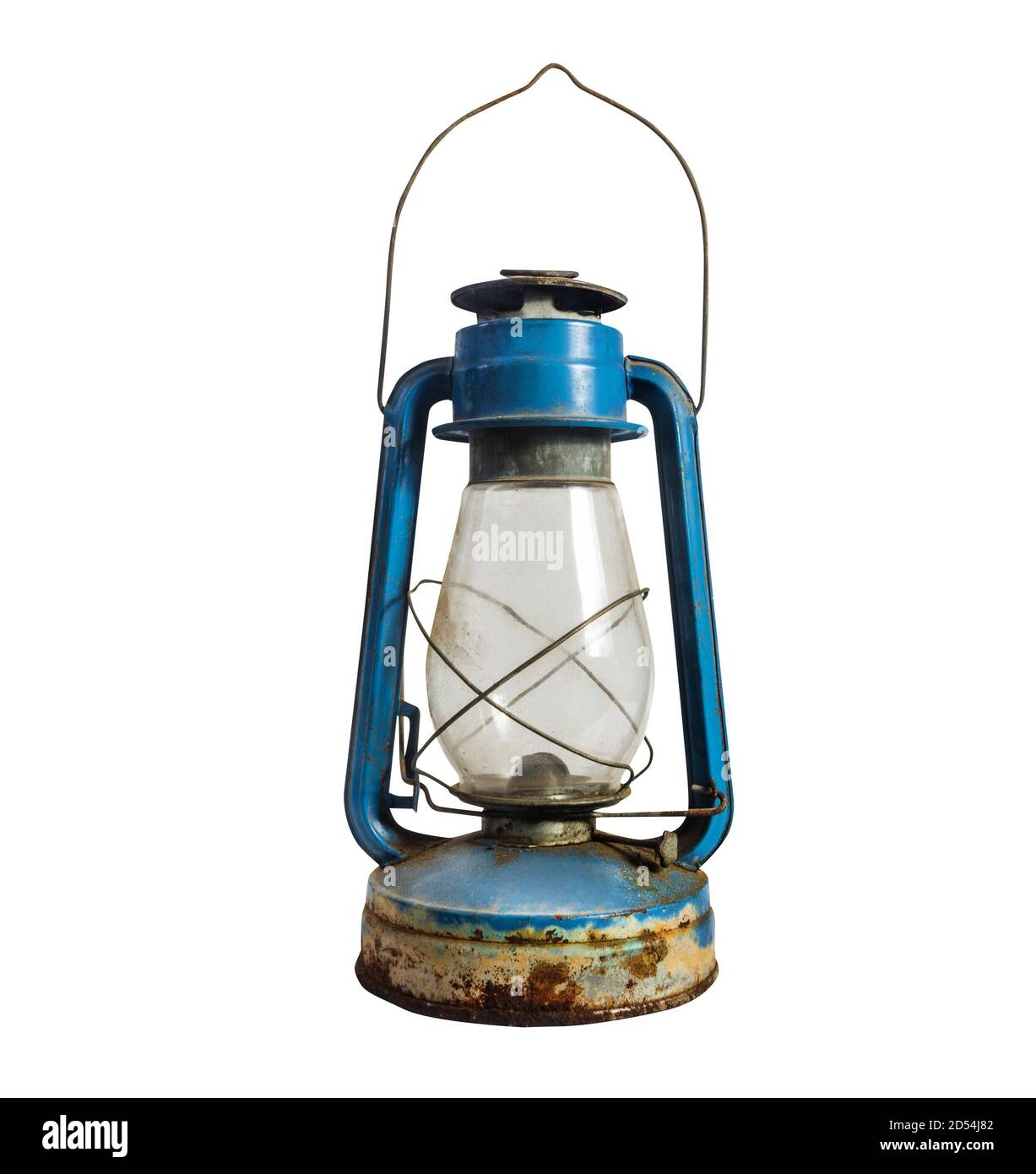 Photo of isolated grungy old fashioned blue gas lamp on white background. Stock Photo