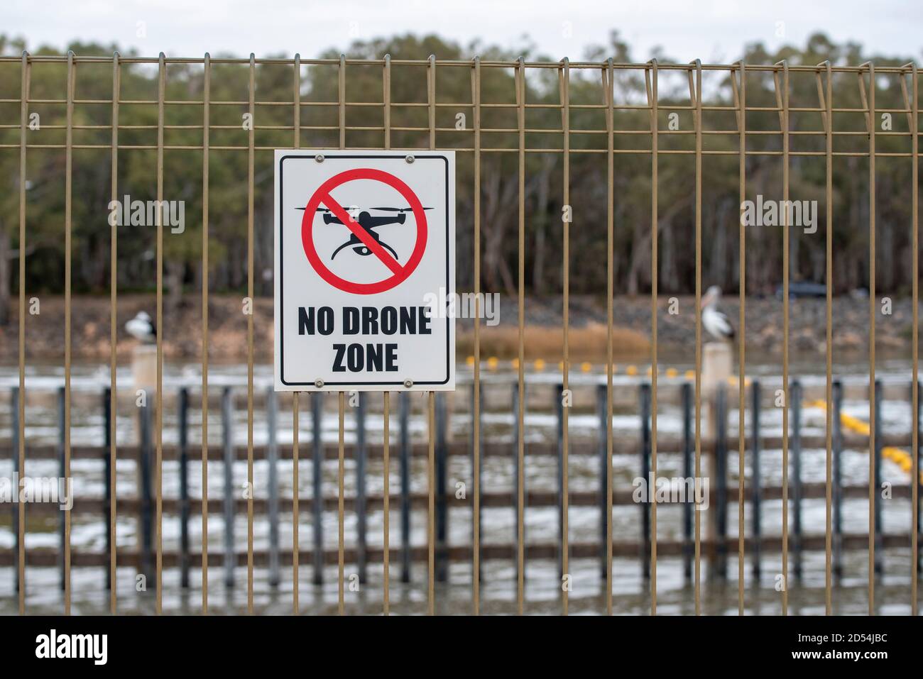 No drone sign on fence with birds in background Stock Photo