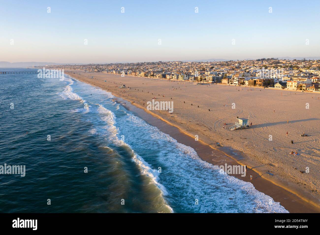 Aerial view of the sand and surf at hermosa beach california stock