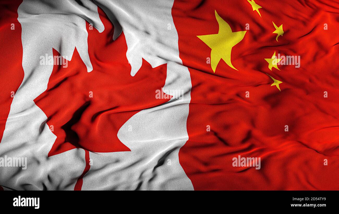 Canada - China Combined Flag | Canada and China Relations Concept | Canadian - Chinese Relationship Cover Background - Trade, Business, Partnership Stock Photo