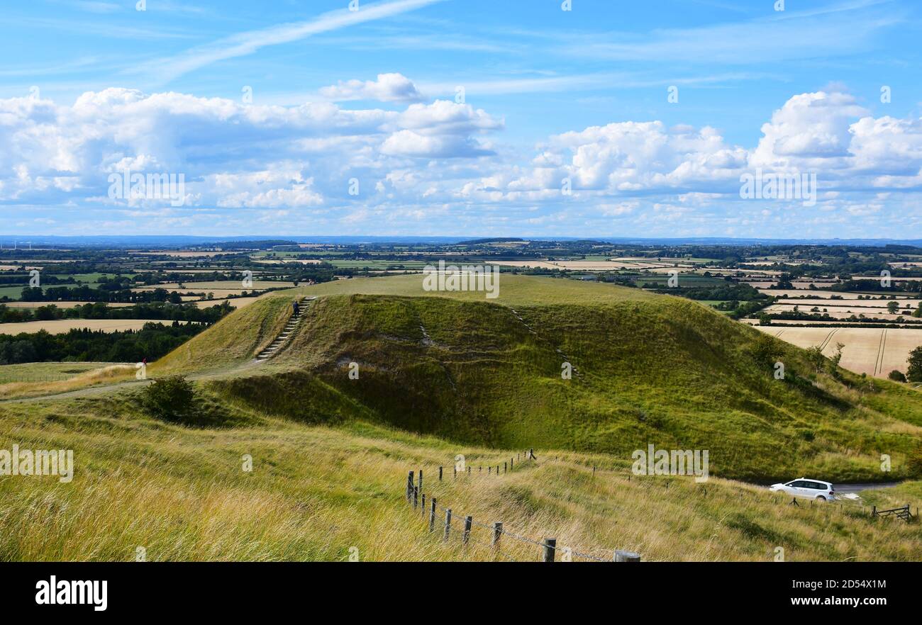 Dragon Hill, a mound associated with St George, below Uffington White Horse and Uffington Castle, Oxfordshire, UK Stock Photo