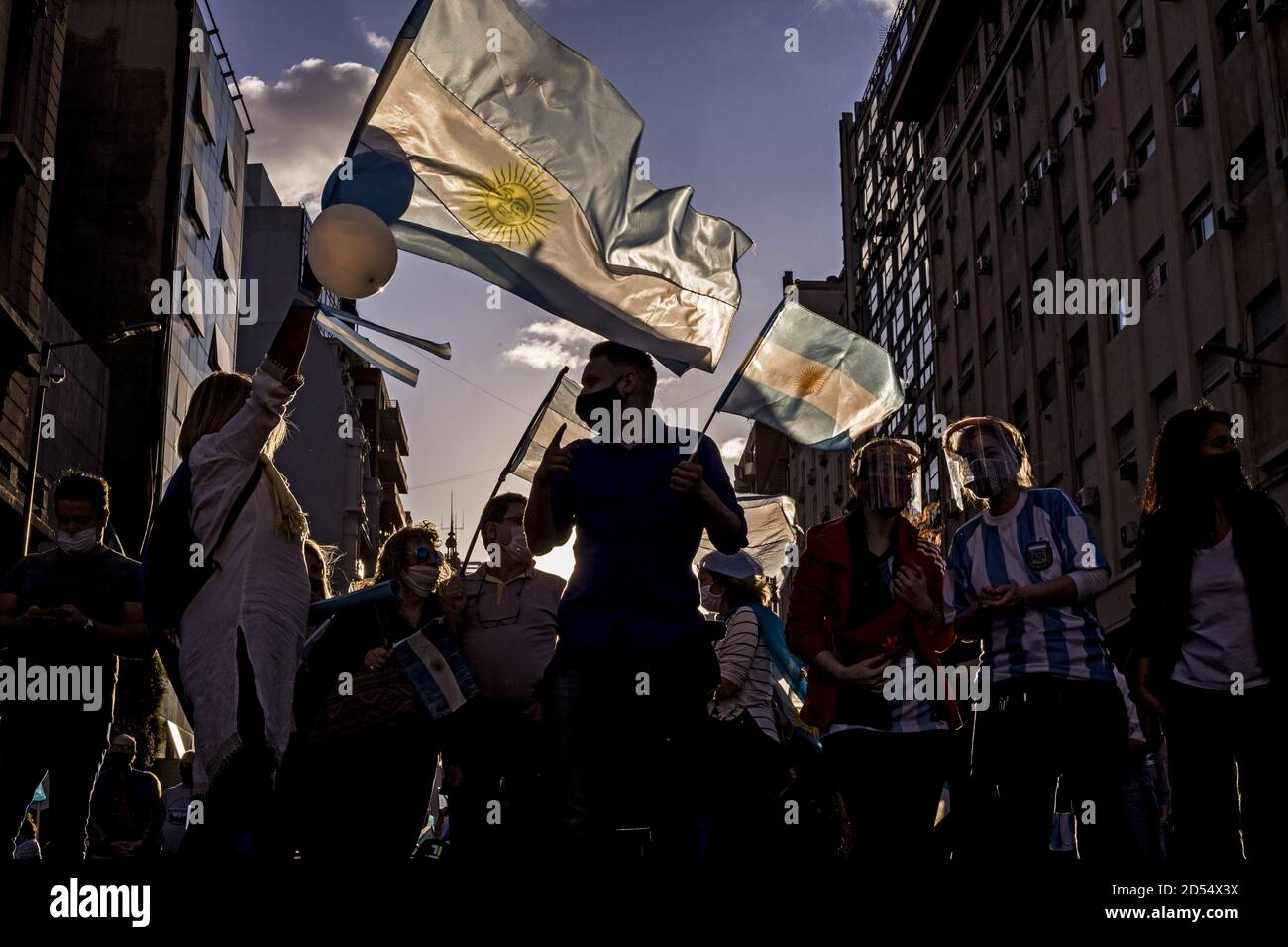 Buenos Aires, Federal Capital, Argentina. 12th Oct, 2020. Sectors opposed to the national government once again convened themselves today, Monday, October 12, Day of Respect for Cultural Diversity (formerly Day of the Discovery of America) at the Obelisk of the City of Buenos Aires, and several other points of the country, to protest against the quarantine, judicial reform, the displacement of the three judges who were investigating Cristina FernÃ¡ndez de Kirchner (CFK), the tightening of the dollar stocks and ''in defense of the Republic'', among many other slogans.This is the eighth demo Stock Photo