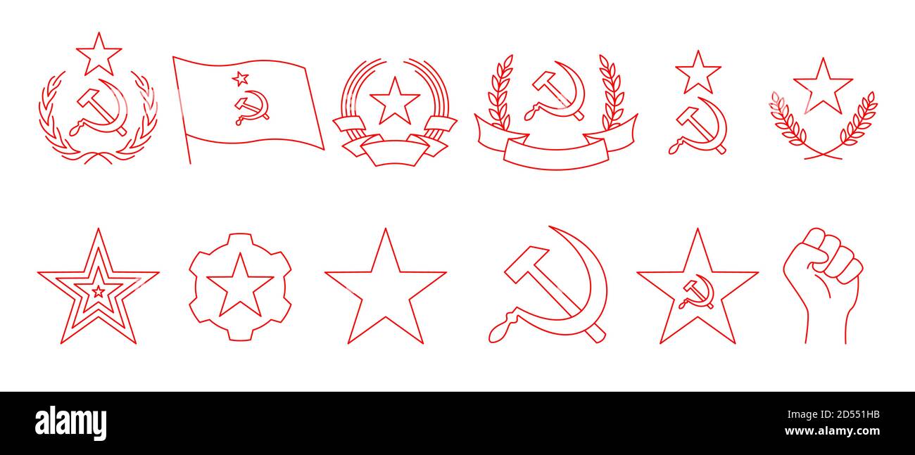 Set of linear icon of communism. Hammer, sickle, wreath, star, flag, gear and fist of rebellion. Red Soviet emblems isolated on white background Stock Vector