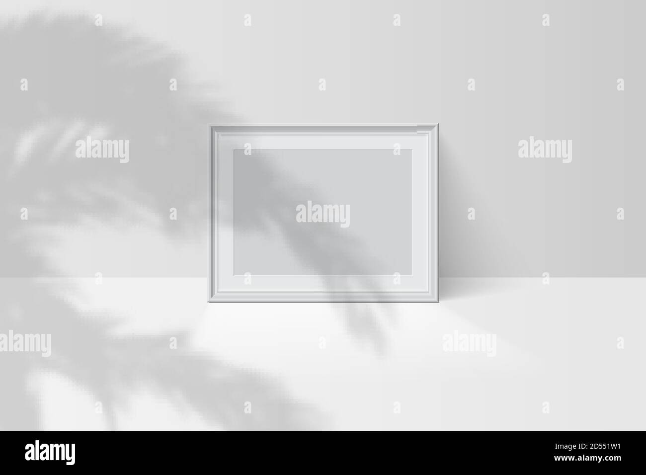 Tropical palm leaf shadow falls on blank horizontal white picture frame Stock Vector