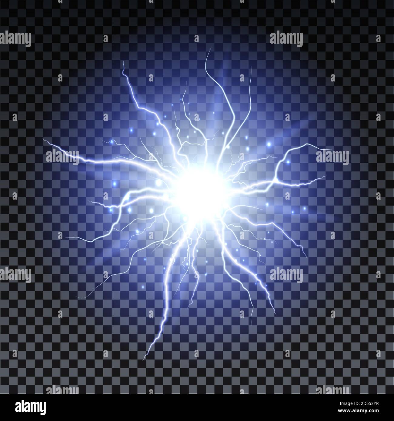 Lightning strikes and sparks, electrical energy on transparent background. Lightning flash and