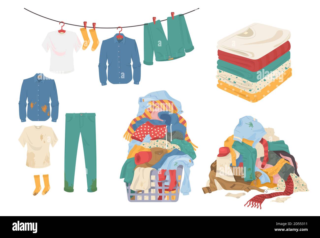 Laundry set, flat vector isolated illustration. Clean and dirty menswear, towels. Laundry basket. Stock Vector
