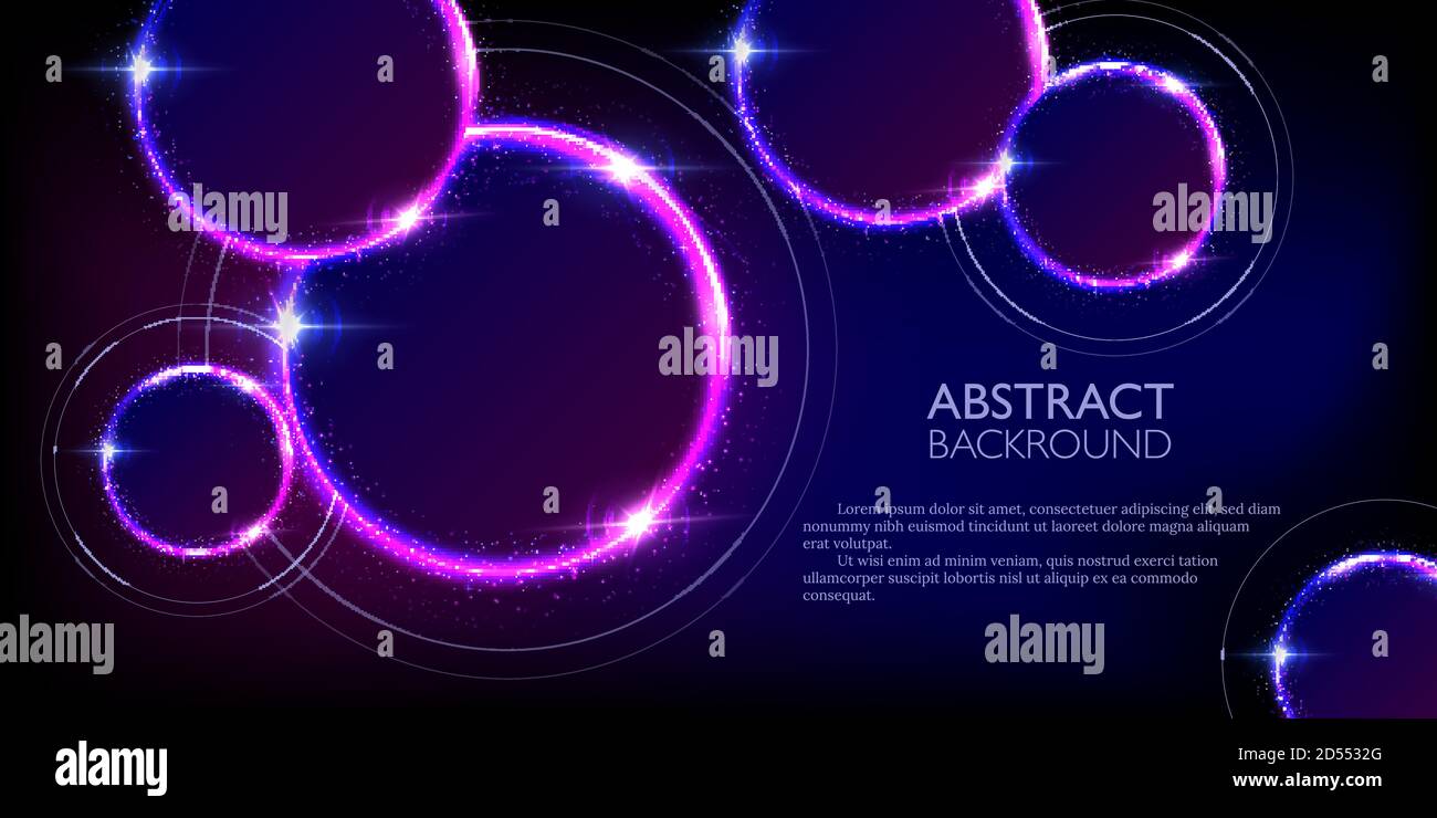 Glowing neon purple and blue circles abstract background. Round lines ...