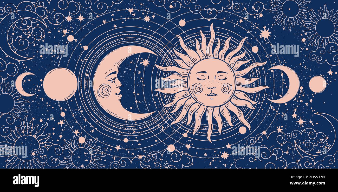 Magic banner for astrology, tarot, boho design. Universe art, crescent moon and sun on a blue background. Esoteric vector illustration, pattern Stock Vector