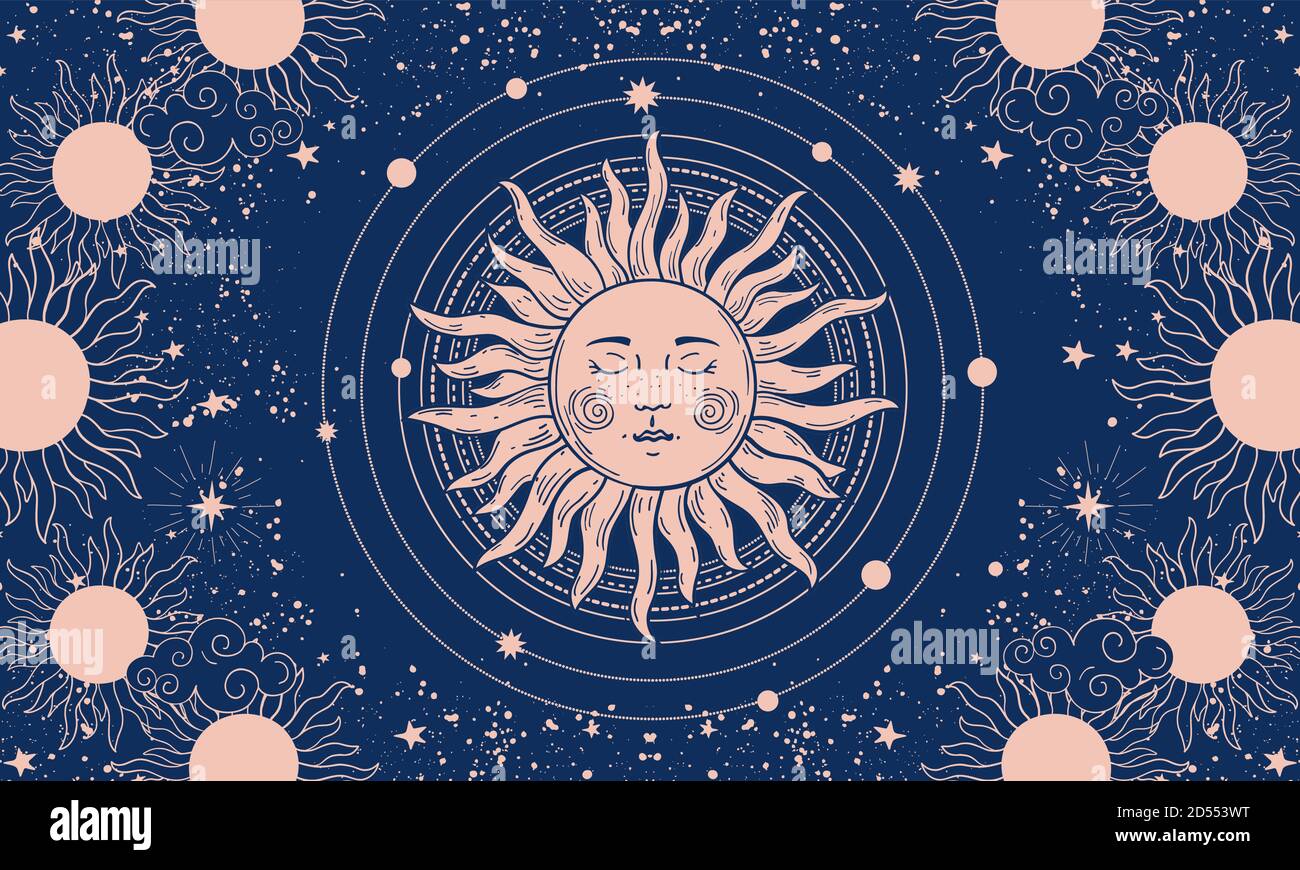 Vector illustration in vintage mystical style, boho design, tattoo, tarot. The device of the universe with a golden sun, moon, planets and orbits against the background of black space. Stock Vector