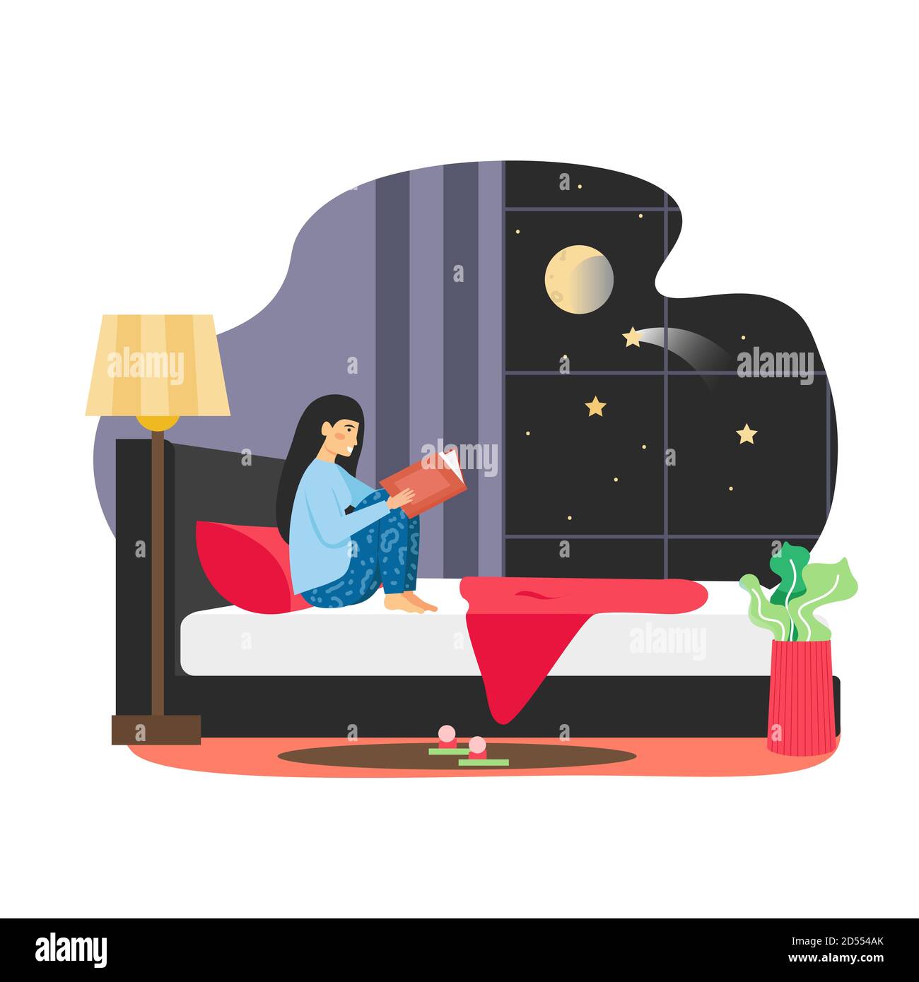 Daily life. Young woman reading book in her bed at night before going