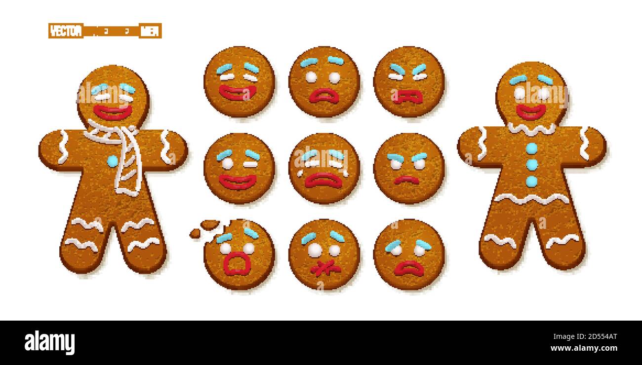 Gingerbread man cookies with different emotions set. Christmas holiday candy decoration vector illustration. Happy, cheerful, cute, sad, angry, funny Stock Vector