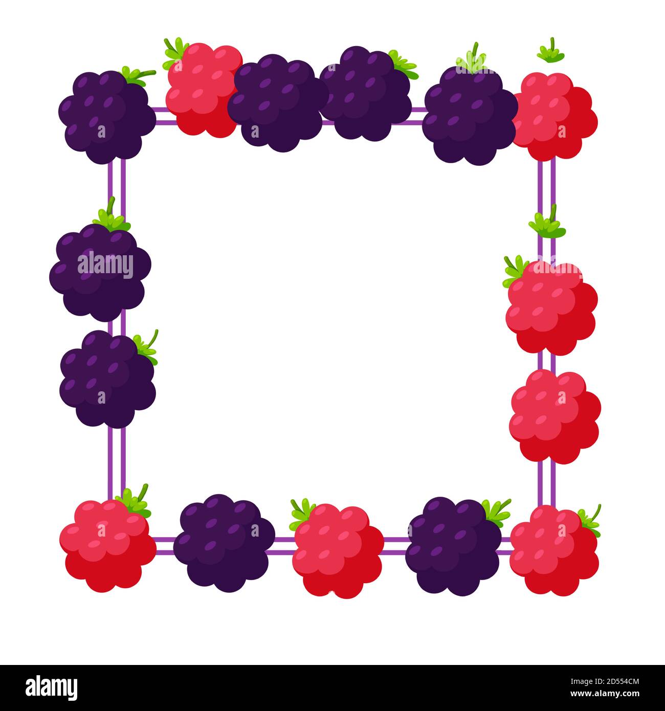 Blackberry and raspberry square frame for banners and designs. Border made of berries. Vector illustration in cute cartoon style Stock Vector
