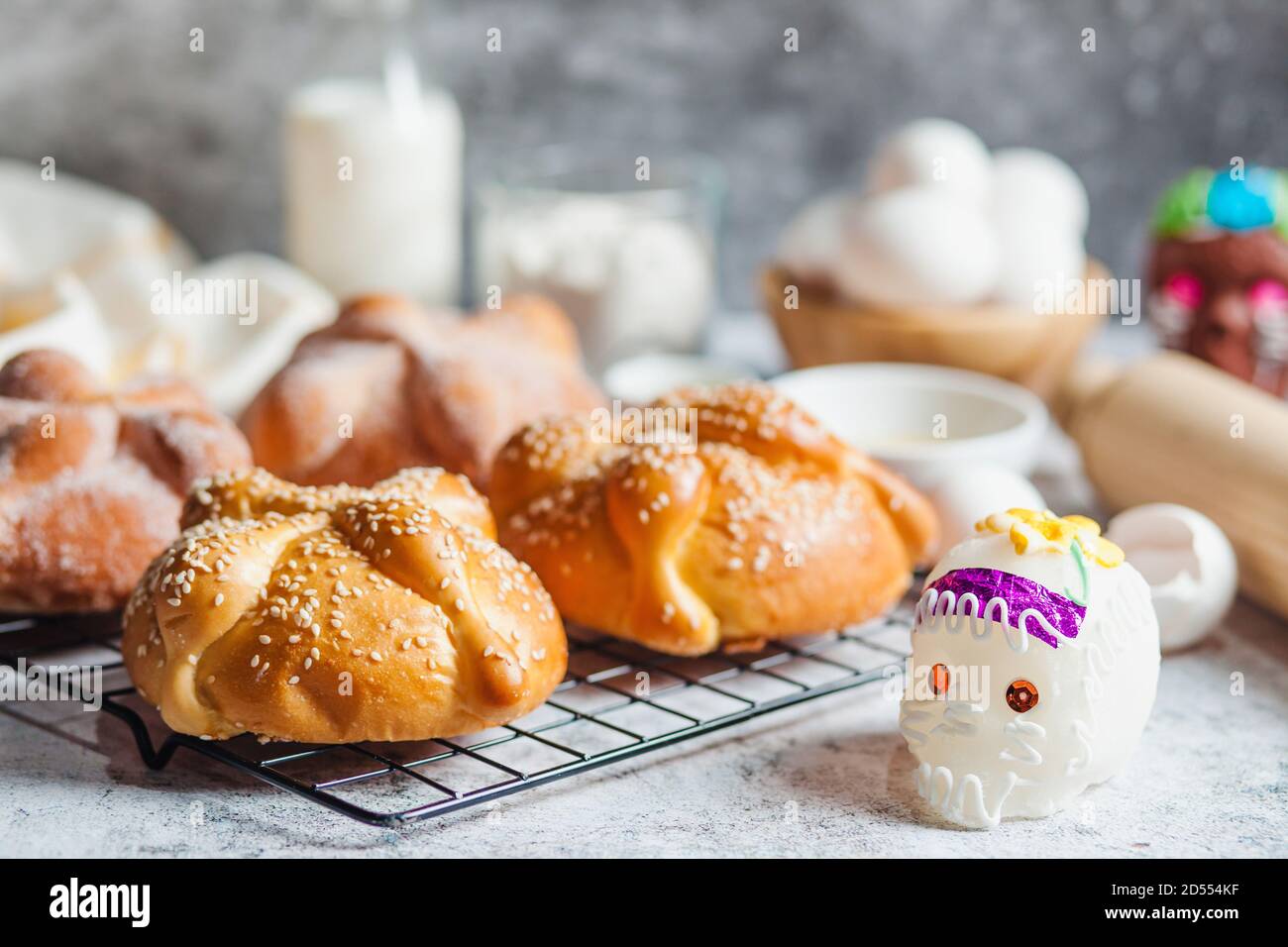 Pan de Muerto, ingredients for Mexican bread recipe traditional for day of the Dead in Mexico Stock Photo