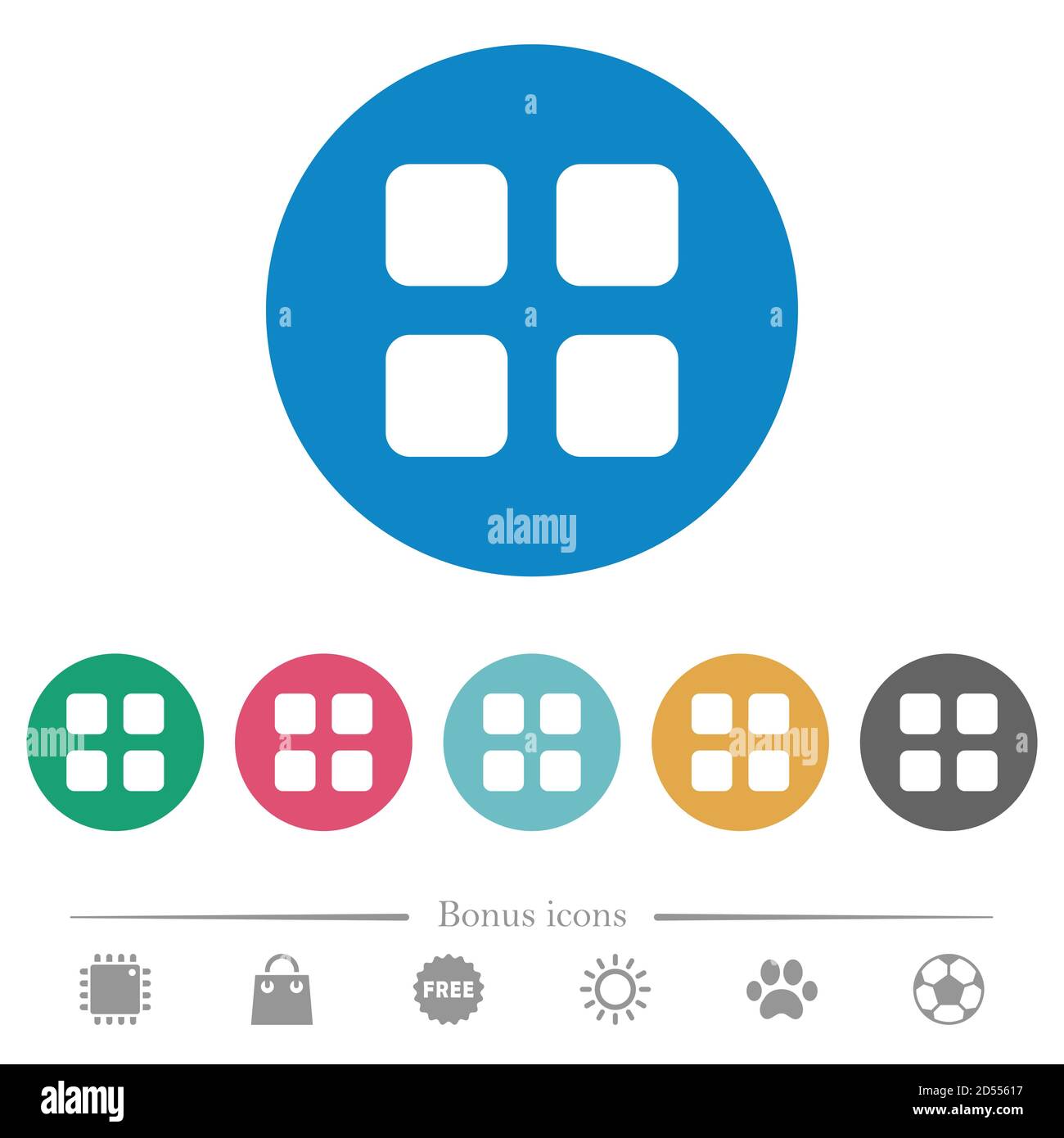 Large thumbnail view mode flat white icons on round color backgrounds ...